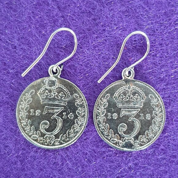Unique Antique 1913 & 1914 British George V Threepence Sterling Coin Earrings - Picture 5 of 12